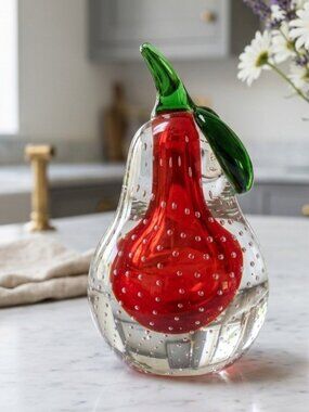 Vintage Italian Art Glass Pear Red Green Murano Style Sommerso Glass Fruit MCM